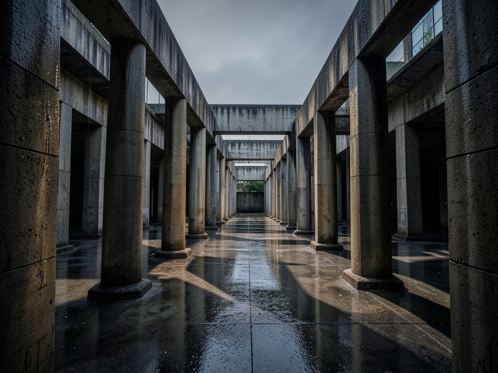 endless concrete courtyard dusk where hundreds stone pillars