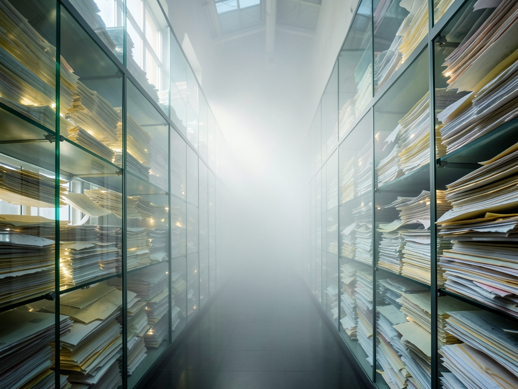 vast hall stacked glass shelves receding into fog
