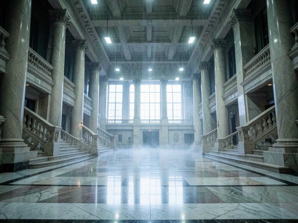 vast marble lobby inside monumental government building cold