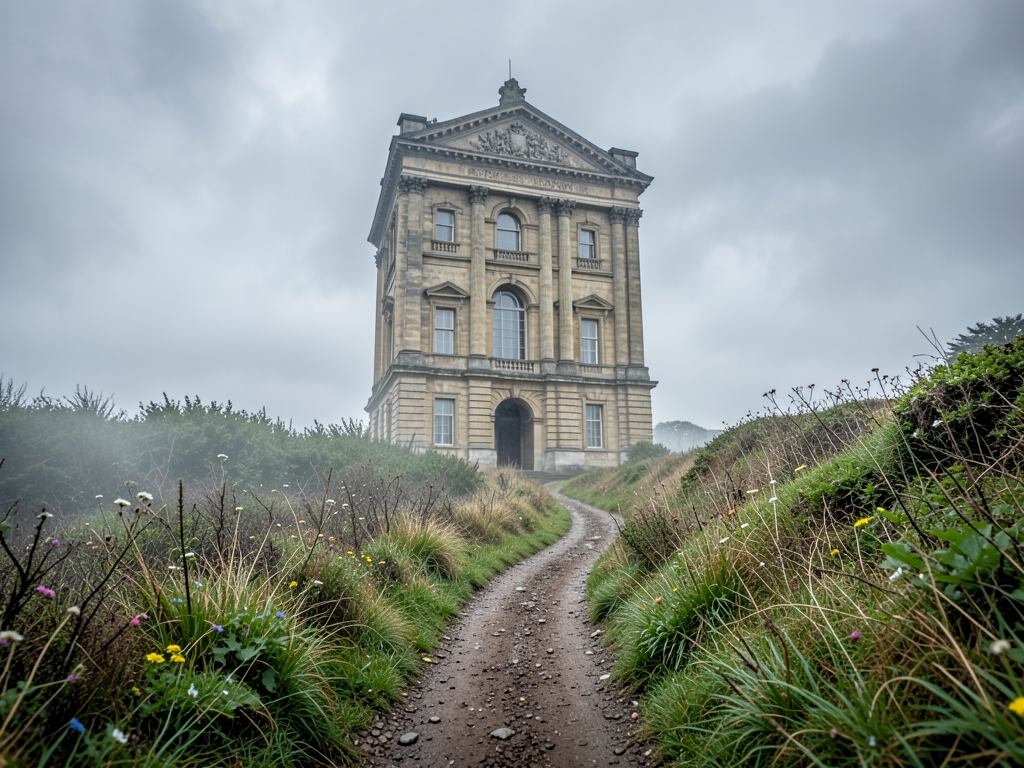 narrow dirt path leading toward towering neoclassical stone