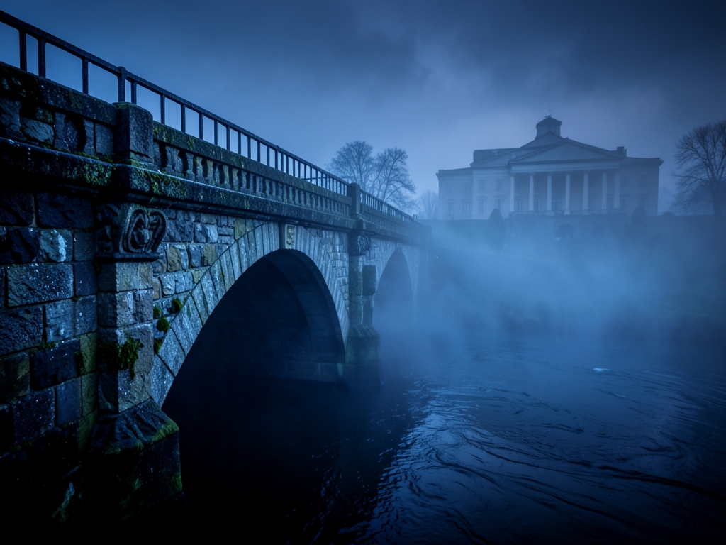 fog drenched stone bridge over dark river twilight distant