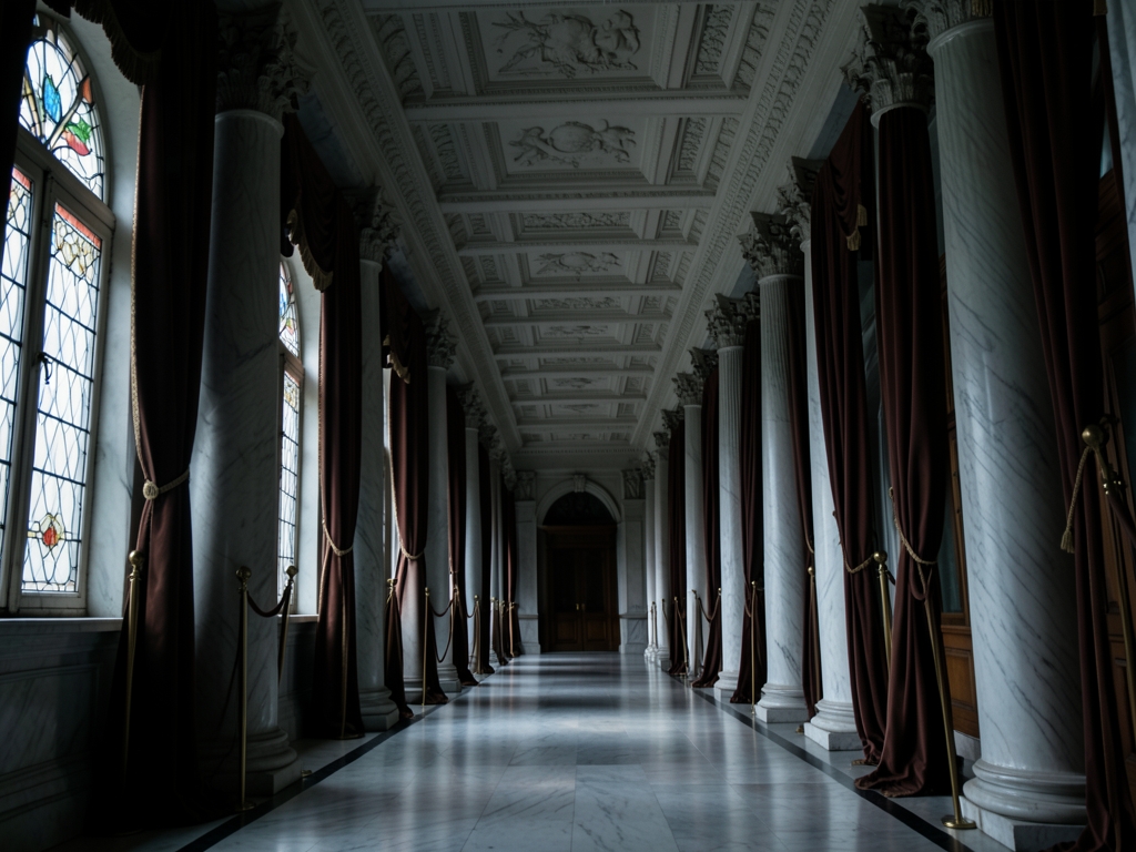 marble corridor inside neoclassical government building pale winter