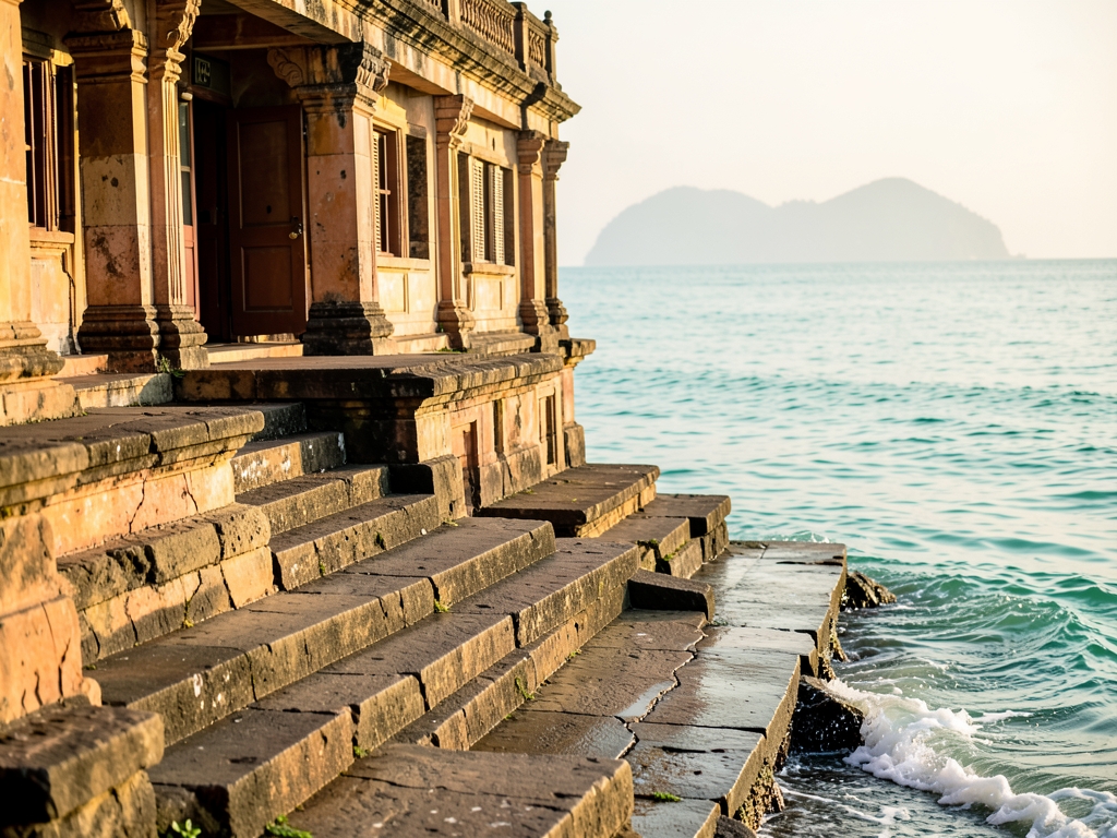 Sun drenched limestone ferry terminal with weathered concrete steps