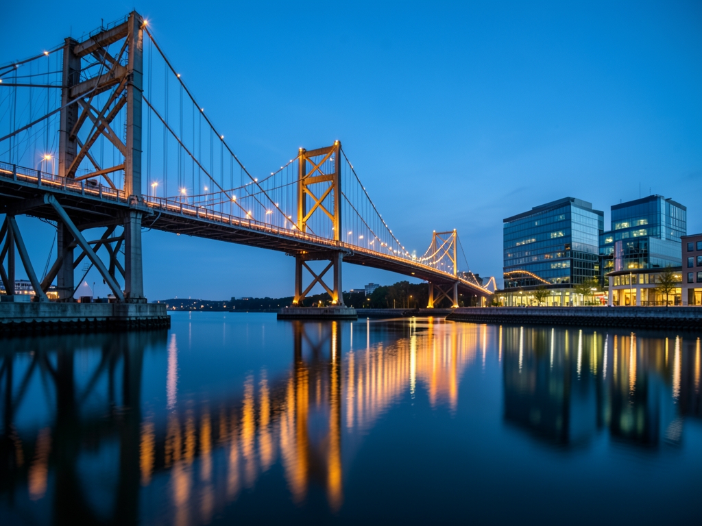 Twilight scene long illuminated bridge spanning calm water