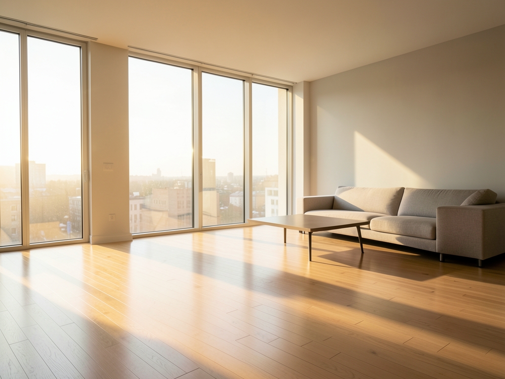sunlit empty living room with floor to ceiling windows casting