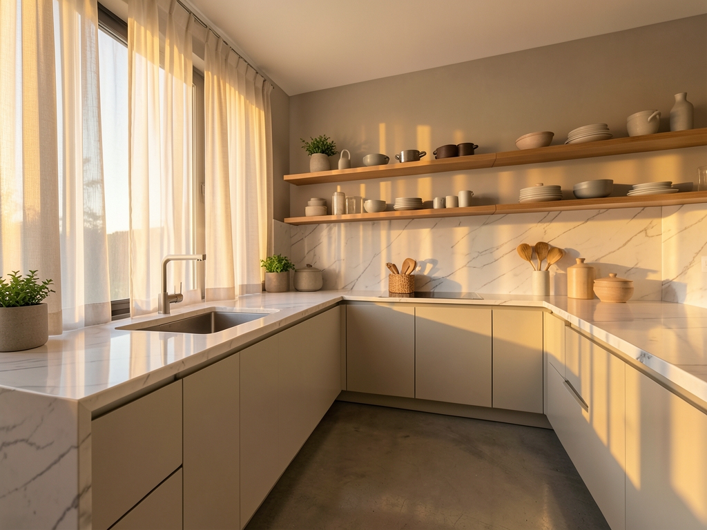 modern kitchen golden hour with white marble countertops