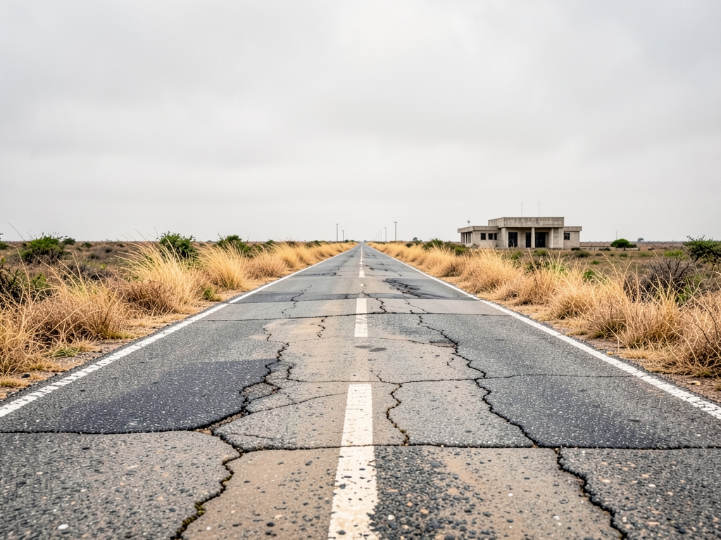 long dusty rural highway under overcast skies leading