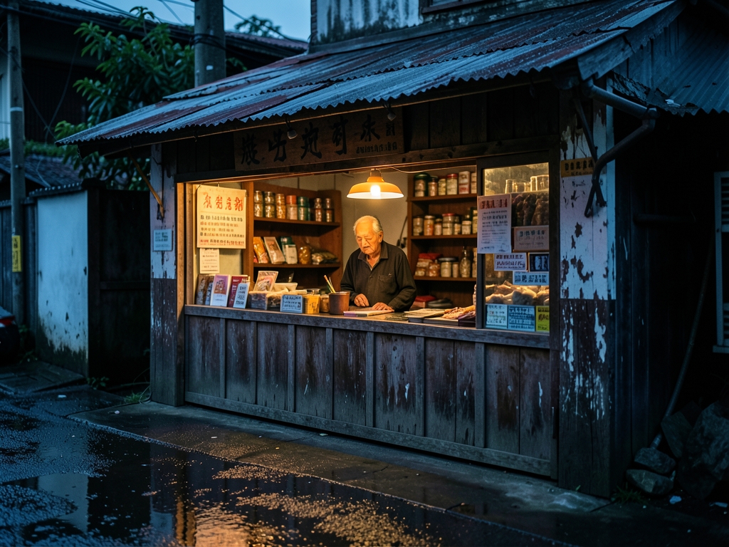 narrow small retail storefront dusk weathered timber facade