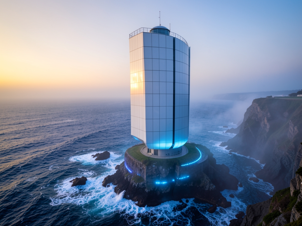 Sleek acoustic defense tower rising from misty coastal