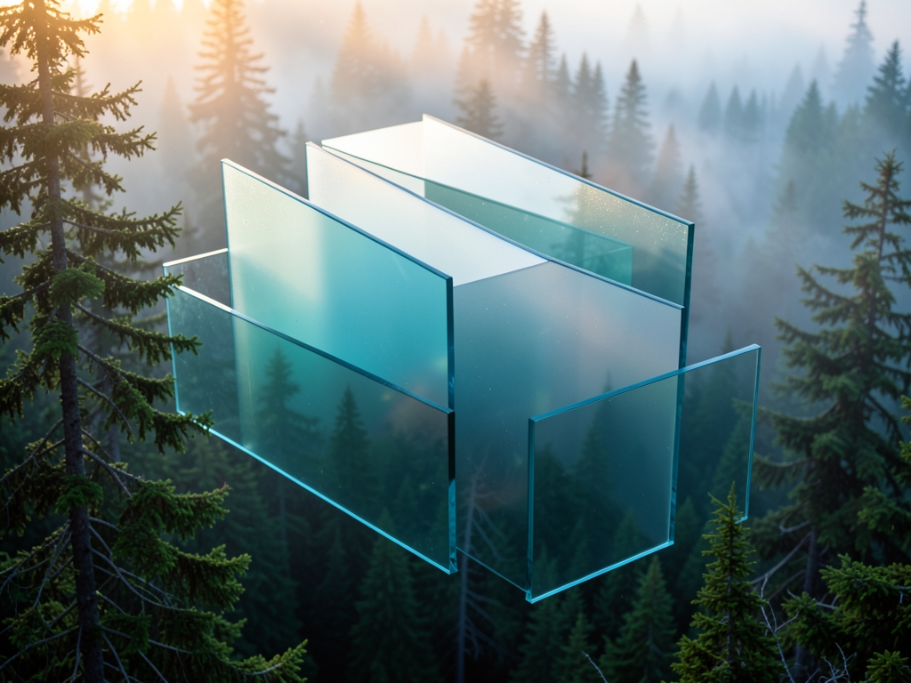 stack translucent frosted glass panels layered over misty