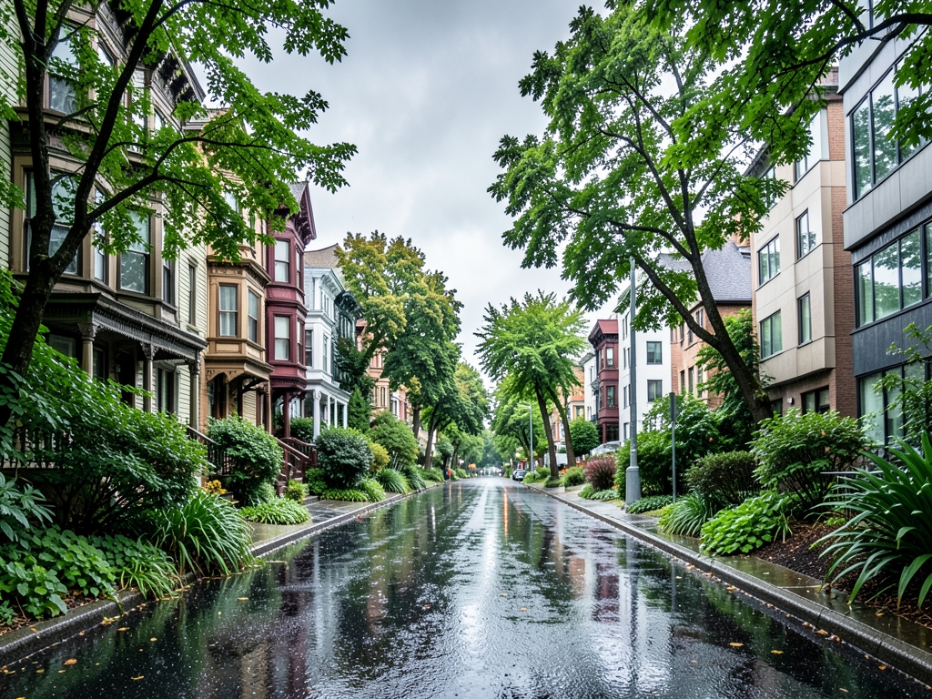 rain slicked Seattle residential street stretching between Victorian homes