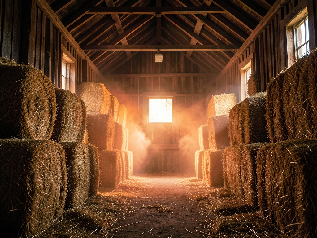 Line vast barn interior filled with towering steaming