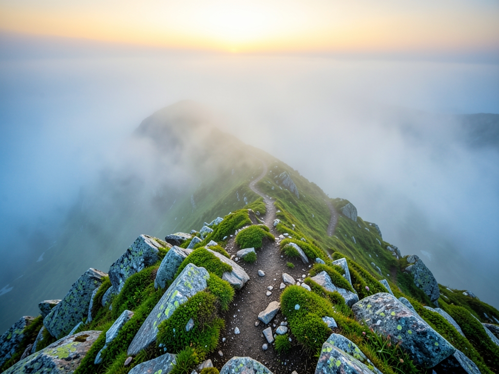 misty mountain pass dawn where converging trails disappear