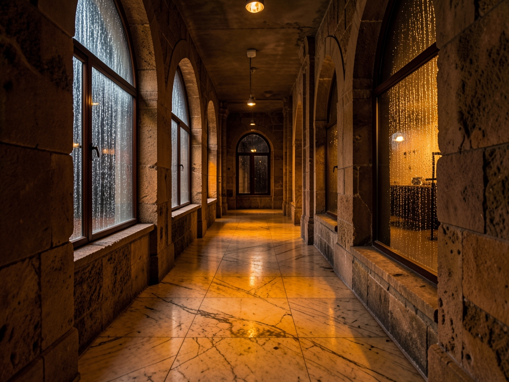 stone archive corridor with rain streaking tall arched