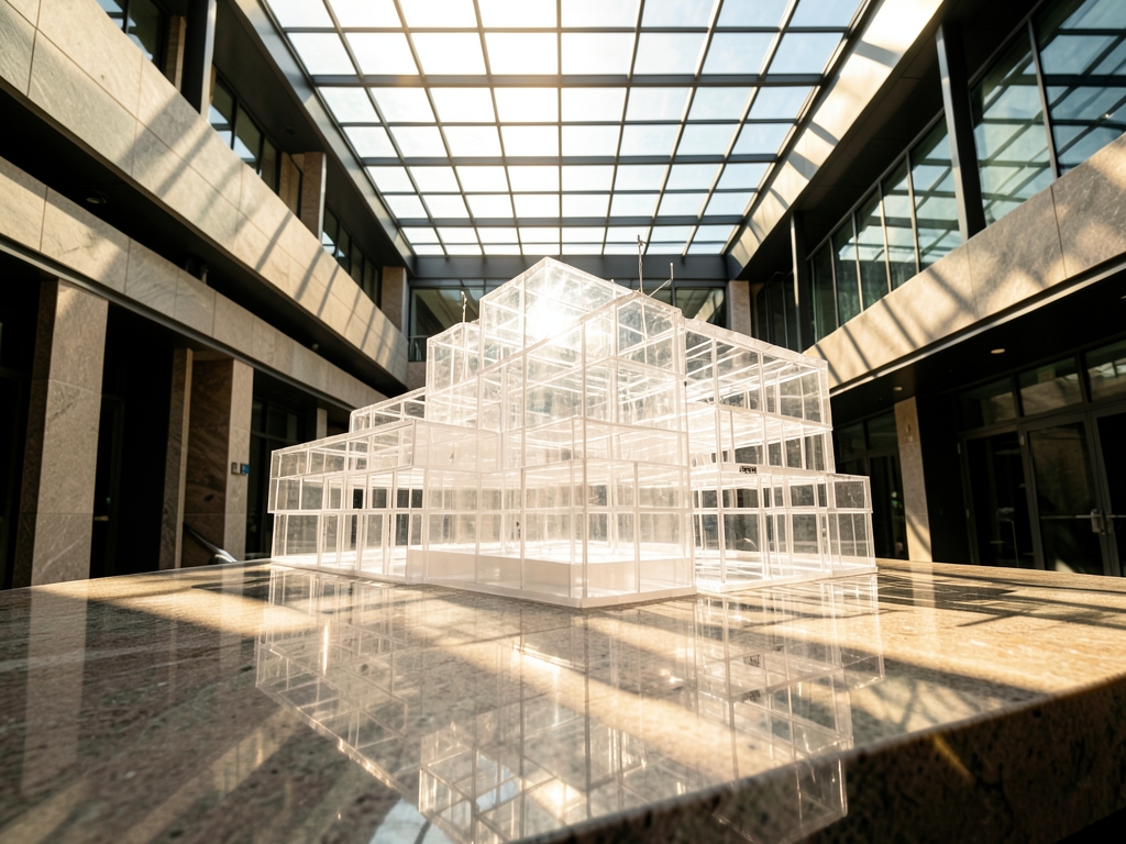 Sun drenched atrium with massive translucent architectural massing model