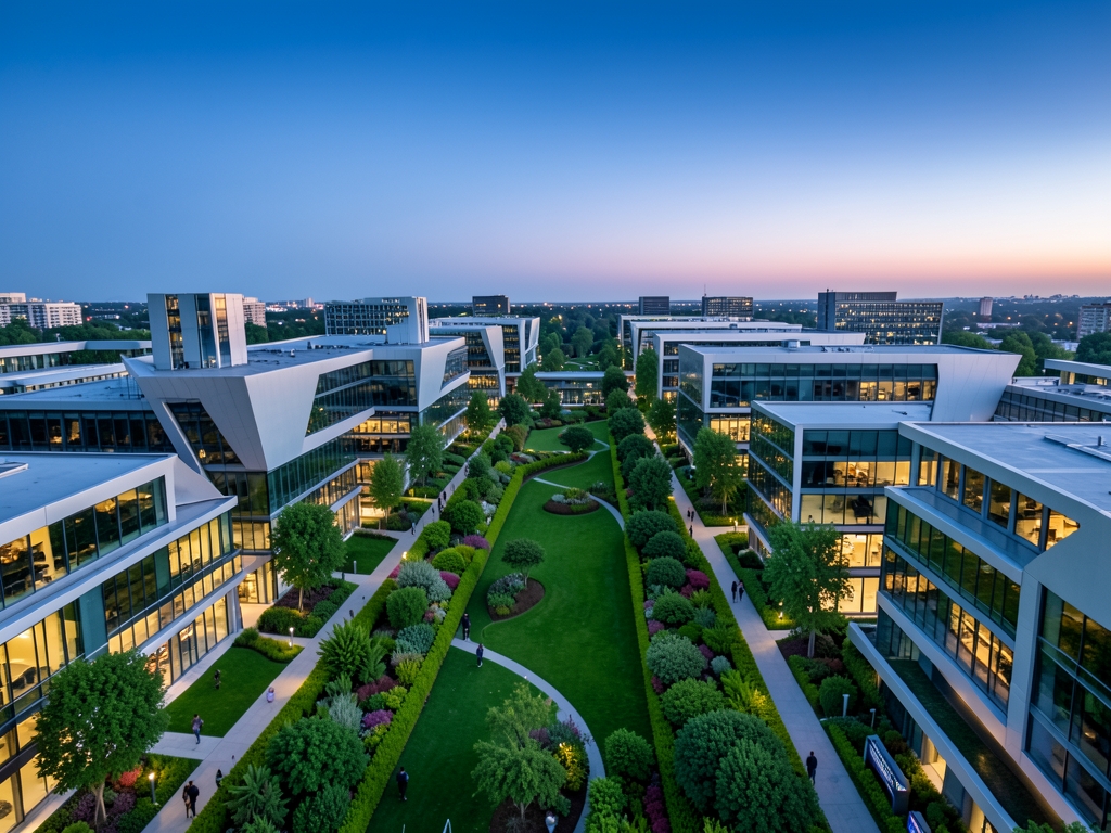 Aerial view futuristic urban district where sleek building