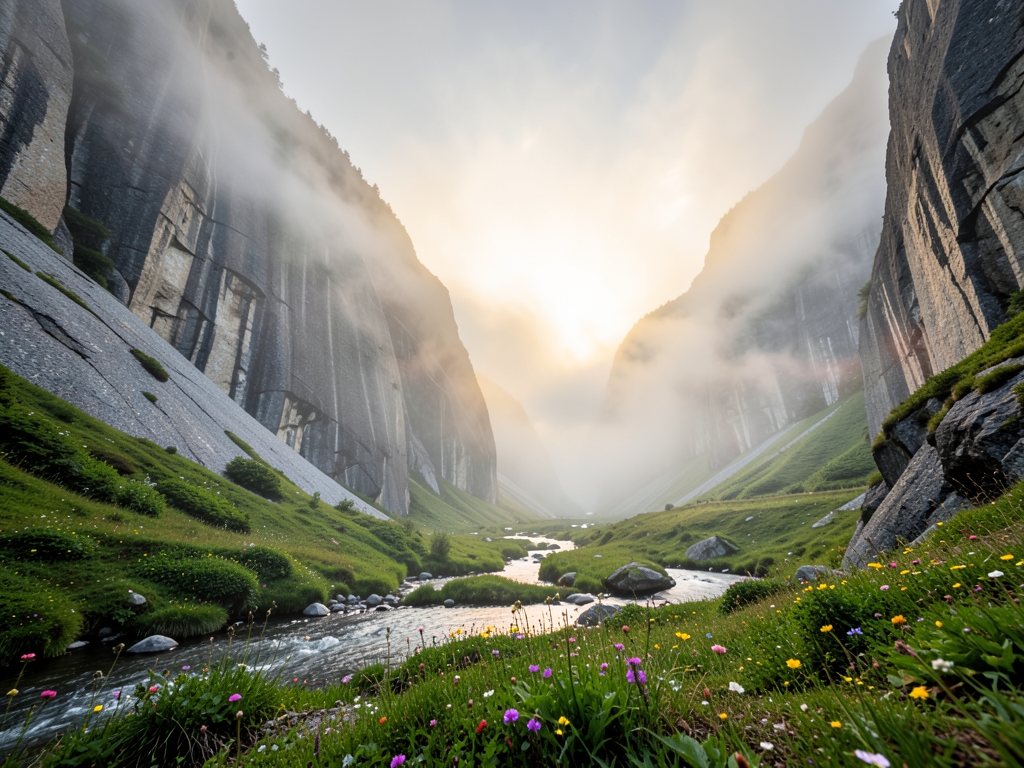 misty alpine valley dawn with smooth granite cliffs