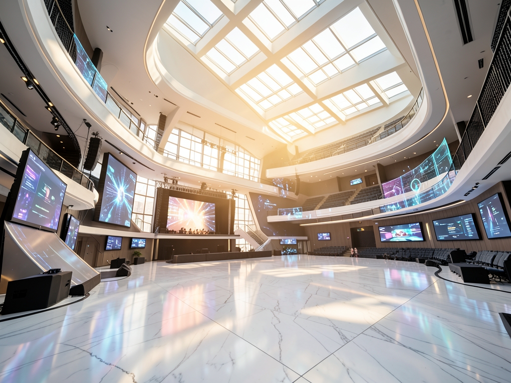 vast futuristic concert hall with polished white marble