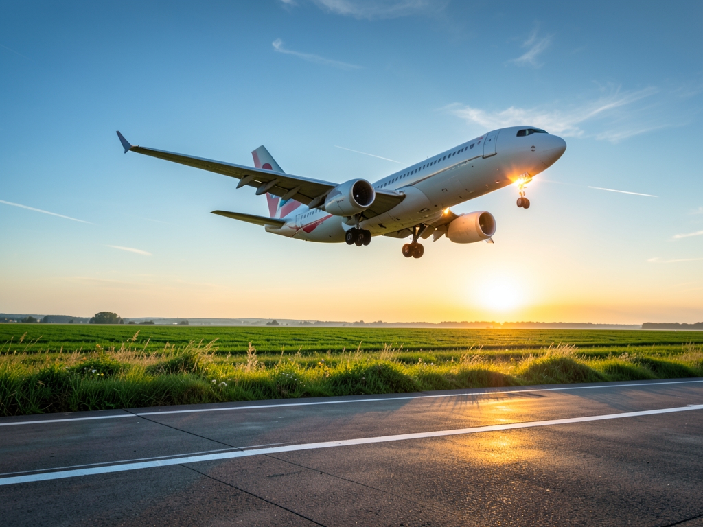 Morning light over domestic airport runway with airplane