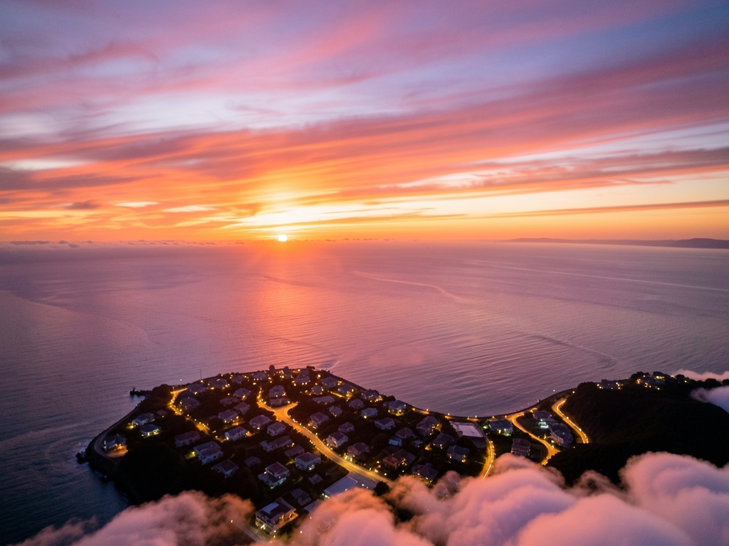 Evening aerial view from above clouds toward glowing
