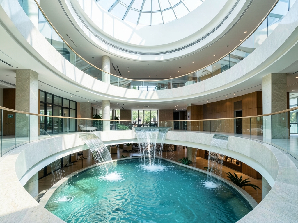 Circular architectural atrium featuring glass railings flowing water
