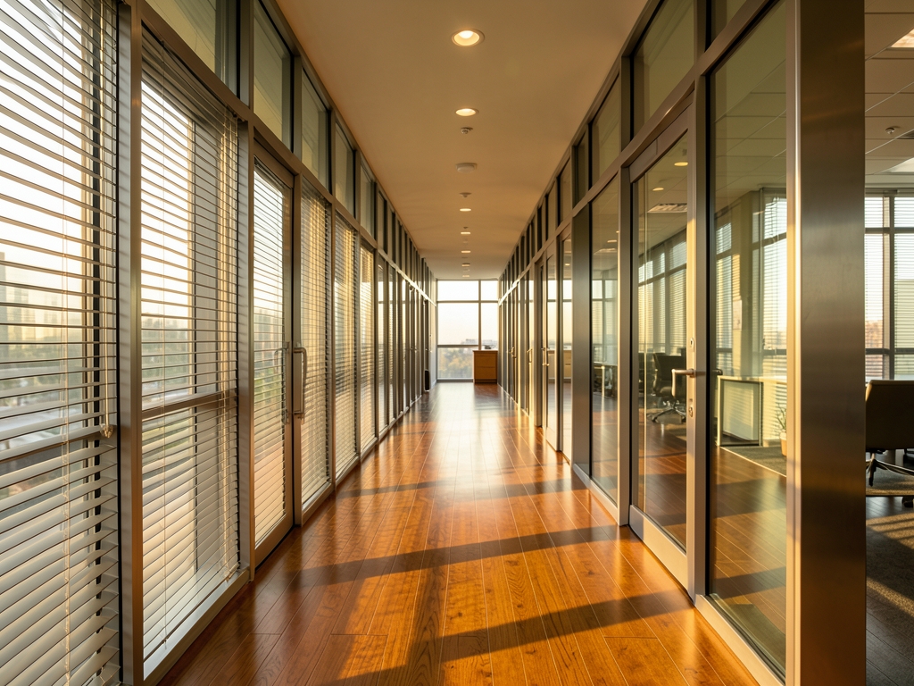 Modern glass office corridor dawn with warm light