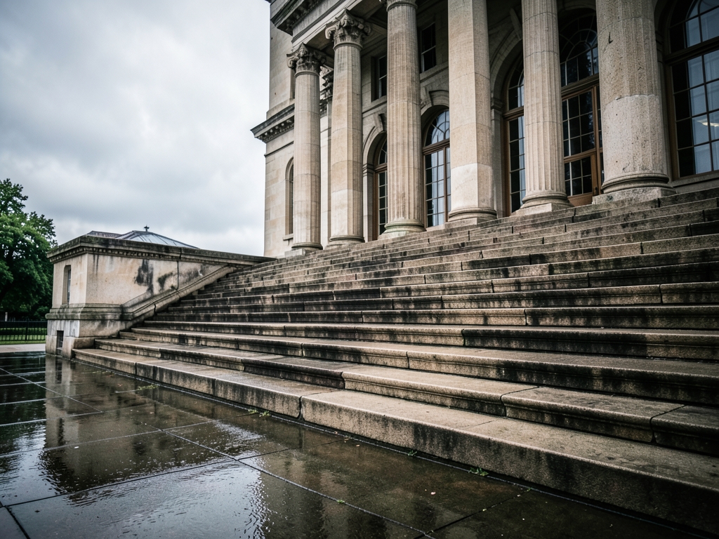Empty courthouse stone steps under overcast with pavement