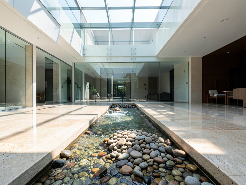 Sunlight streams through minimalist glass atrium onto polished