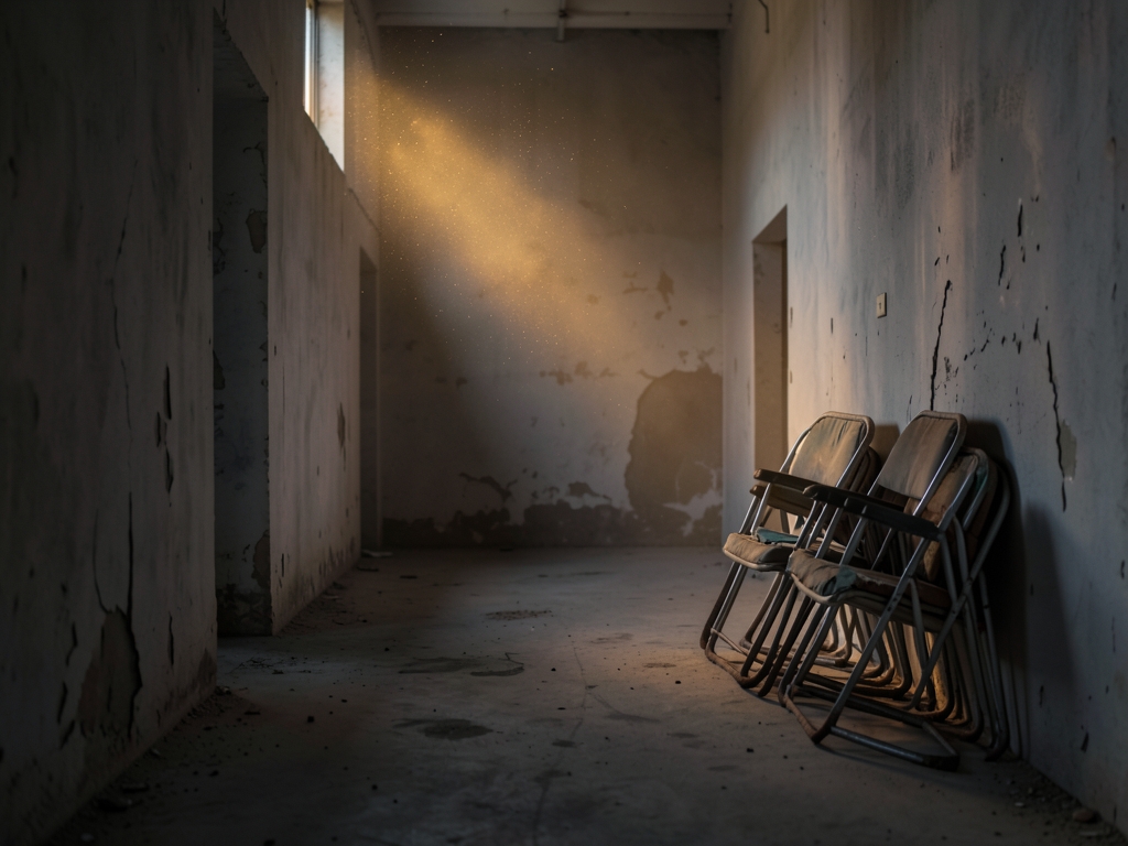 dim empty warehouse corridor dusk dust motes drifting