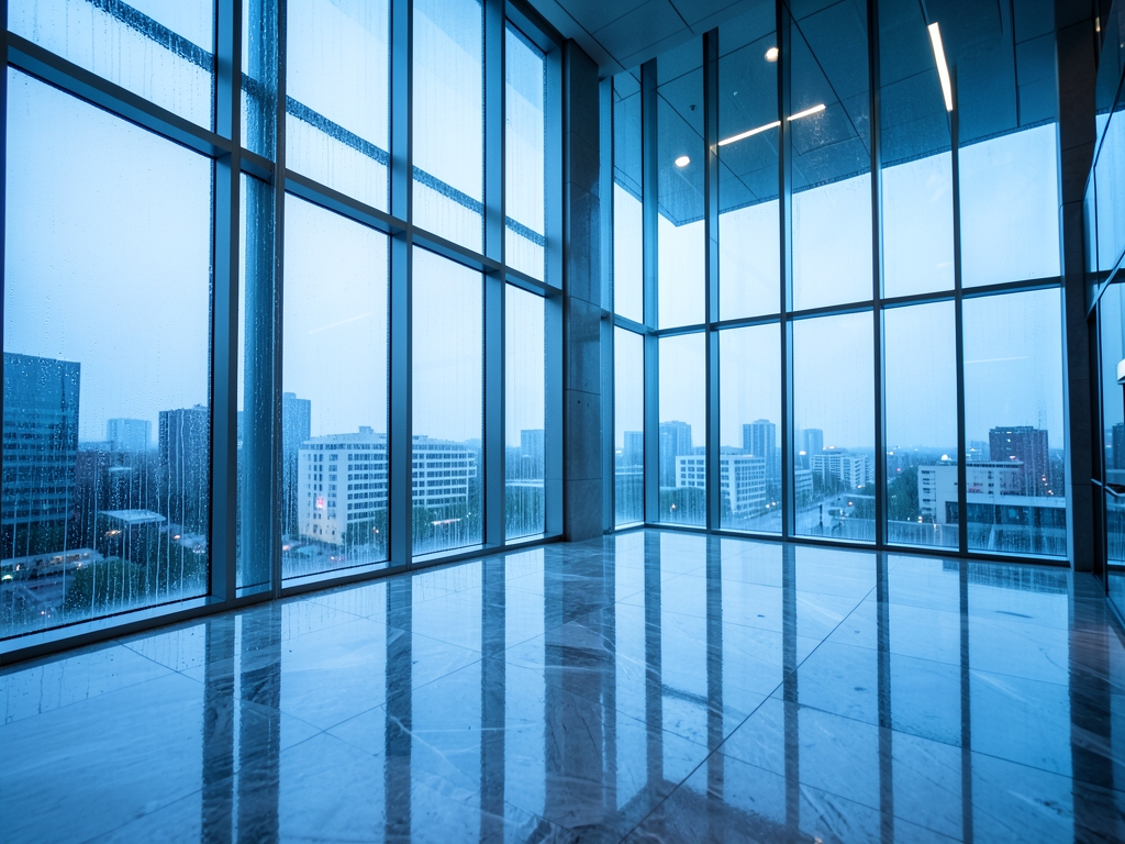 rain soaked glass atrium corporate lobby dawn cold blue
