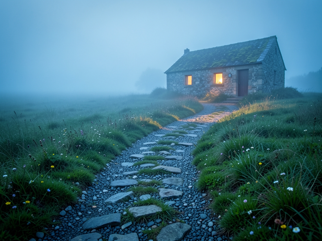 gravel path crossing misty field dawn leading stone