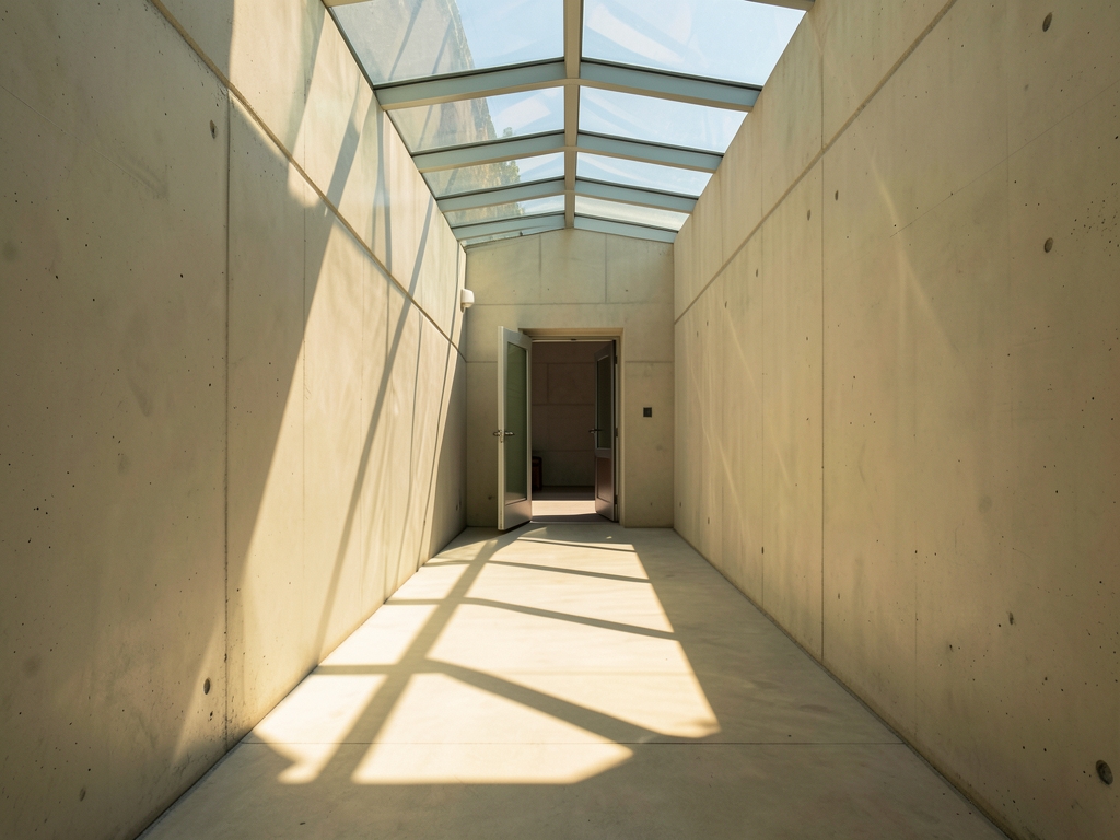sunlit corridor pale concrete glass sharp shadows stretching