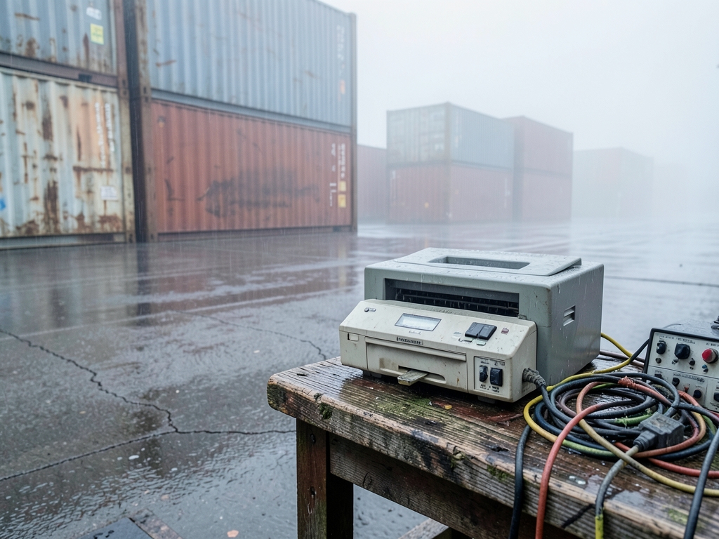 rain soaked loading dock dawn with steel containers stacked