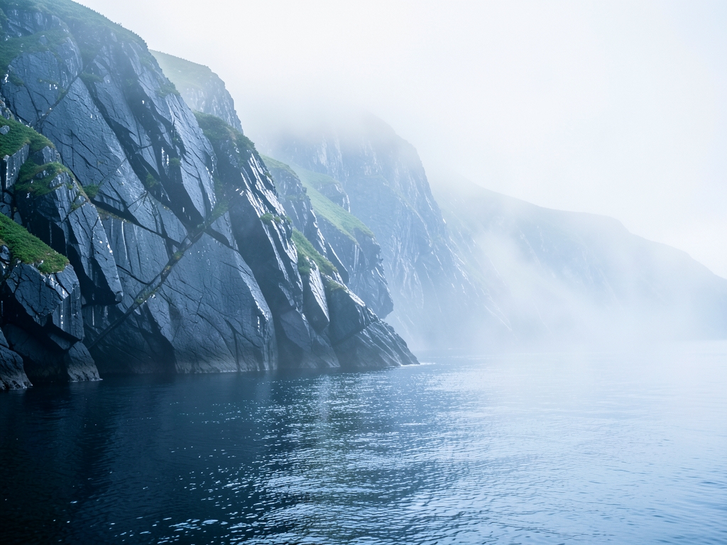 misty coastal cliff dawn calm ocean below silver