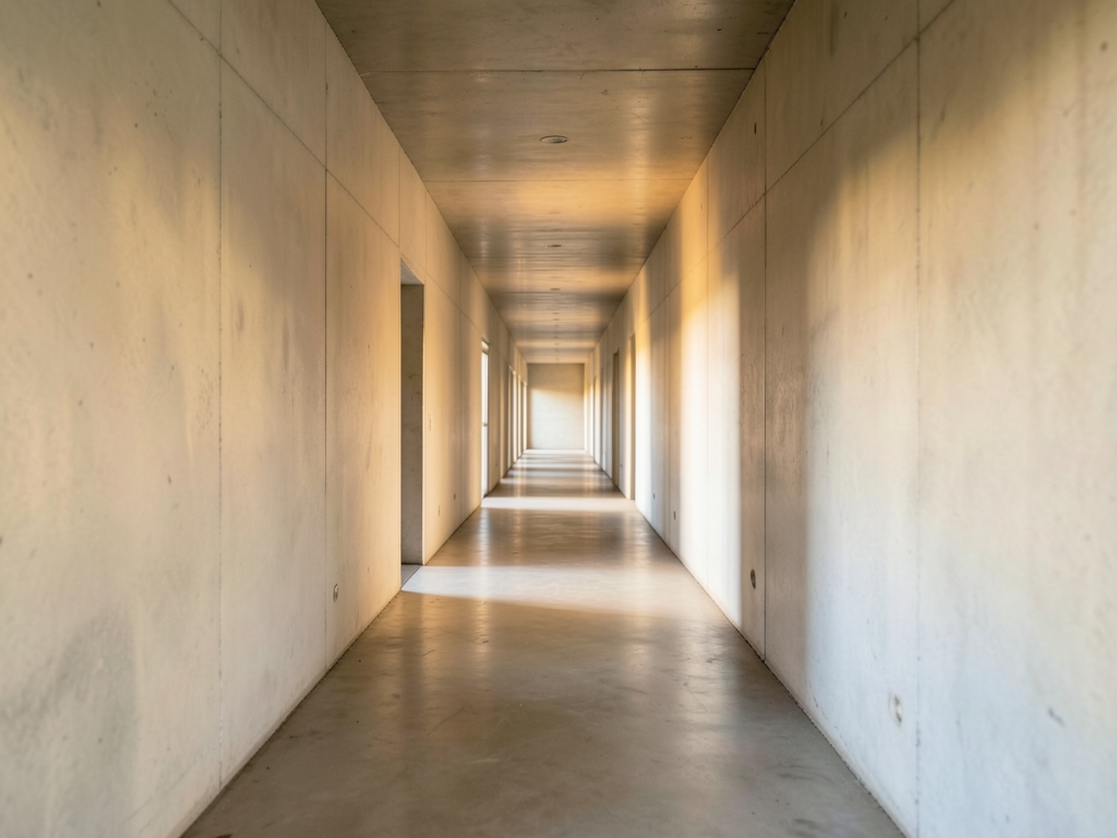 long concrete corridor soft diffused daylight smooth walls