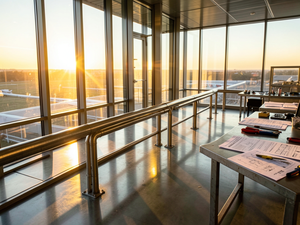 modern glass and steel control room sunrise with warm golden