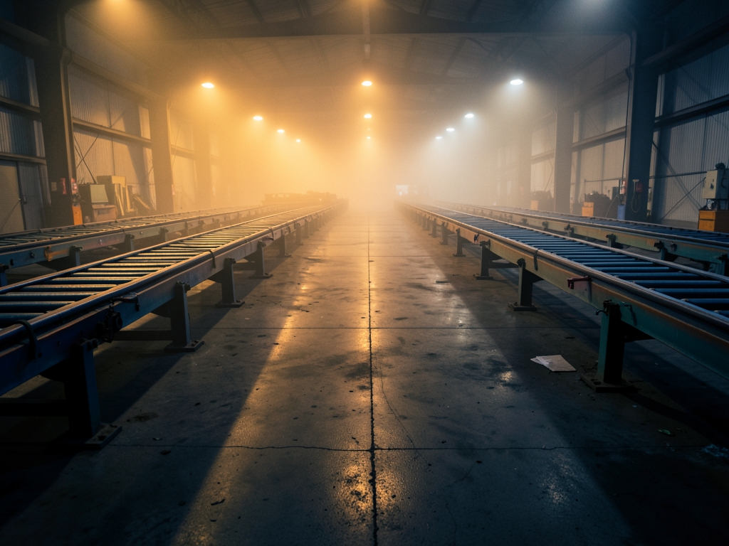 vast industrial warehouse floor dusk with rows stalled