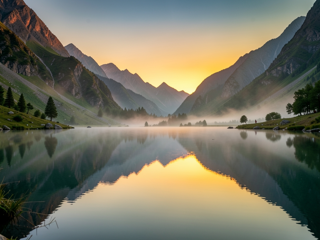 Misty mountain valley dawn with still lake reflections