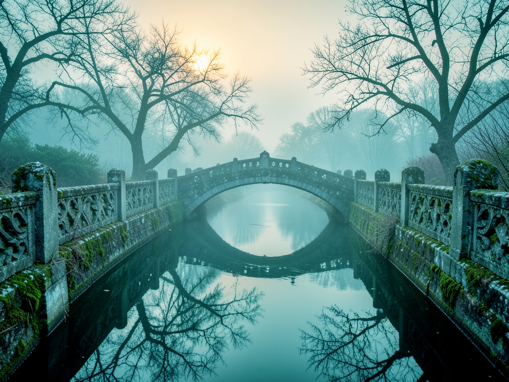 narrow stone footbridge arching over still pond foggy