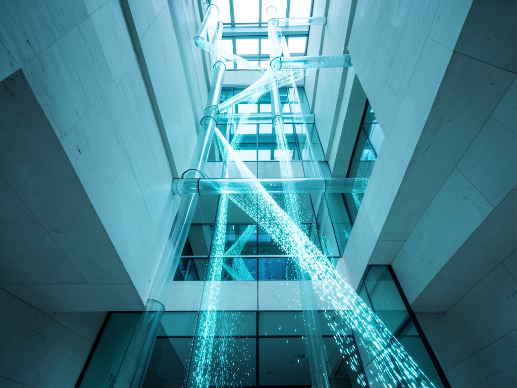 sleek architectural atrium bathed cool cyan light where