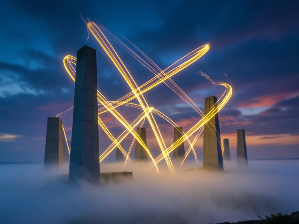 vast misty landscape featuring towering geometric pillars connected