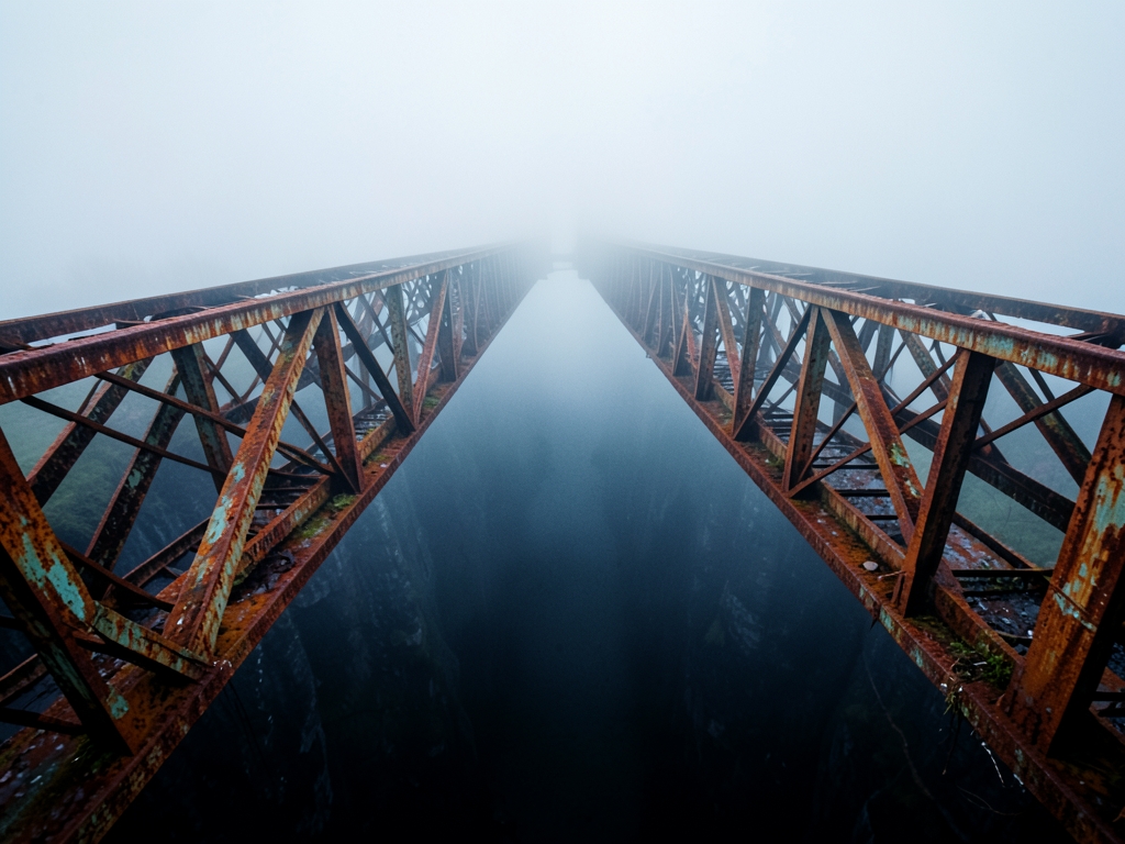 Line vast foggy iron bridge over dark chasm