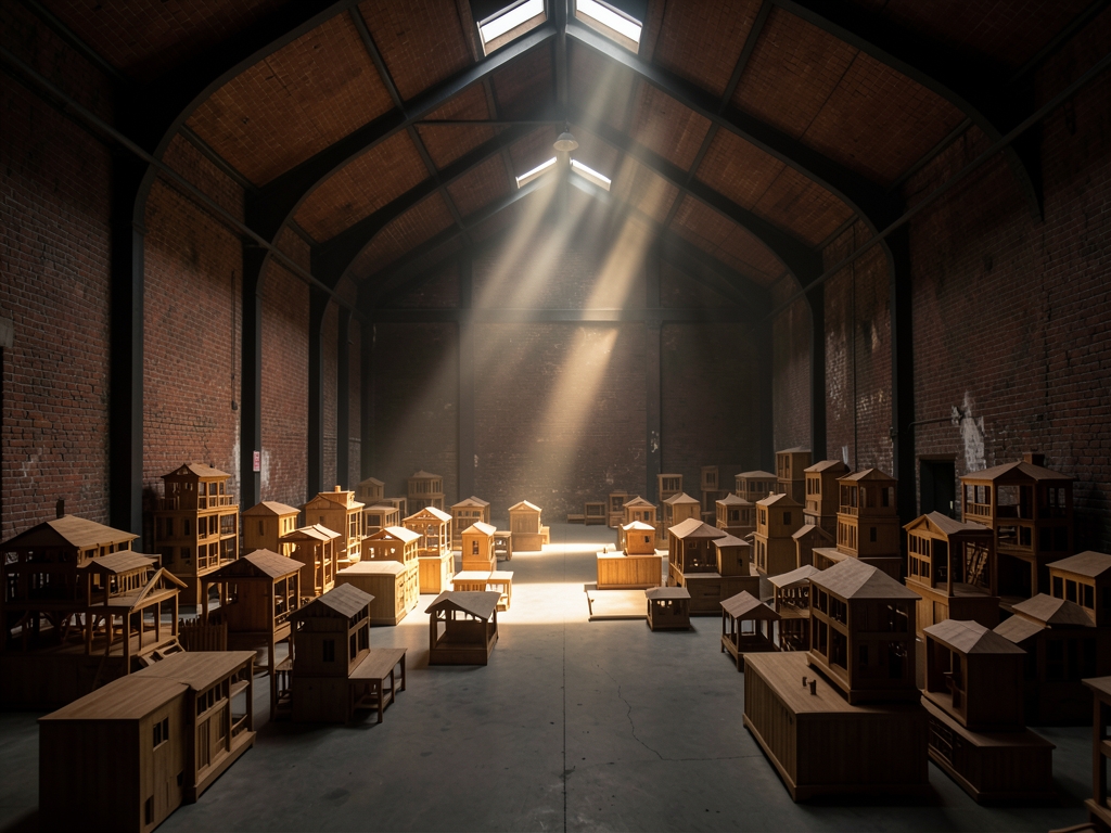 Line vast dimly warehouse filled with scattered wooden