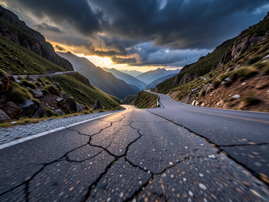 winding mountain road dissolving into cracked asphalt loose