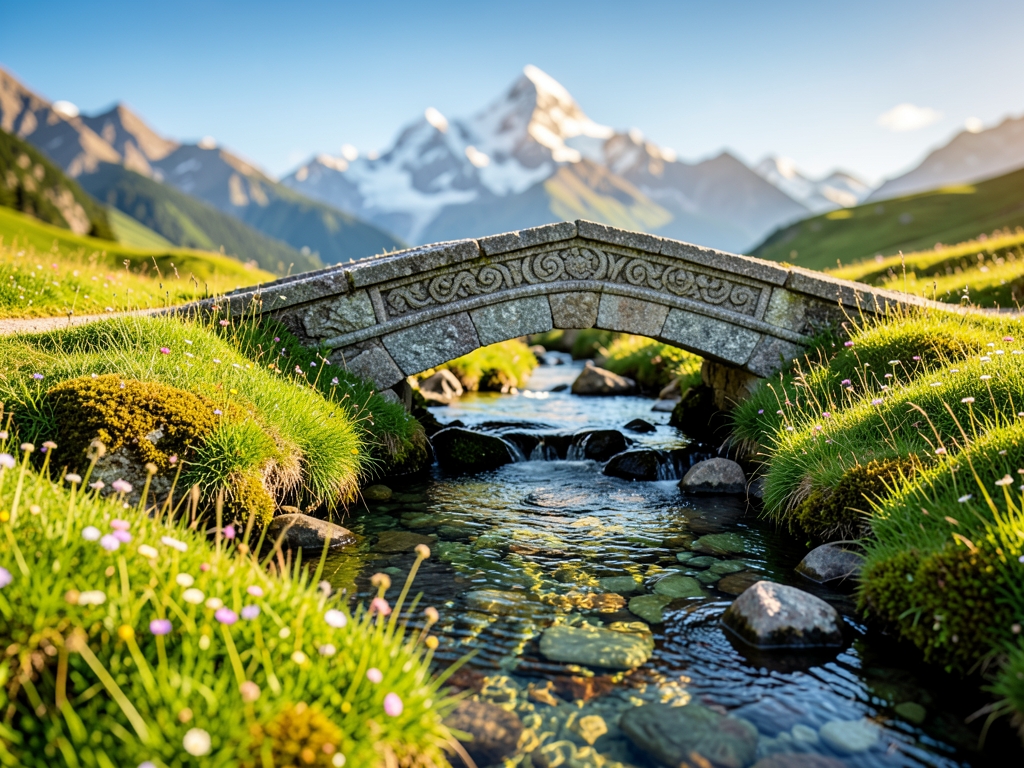 Sunlit alpine meadow where single stone bridge spans