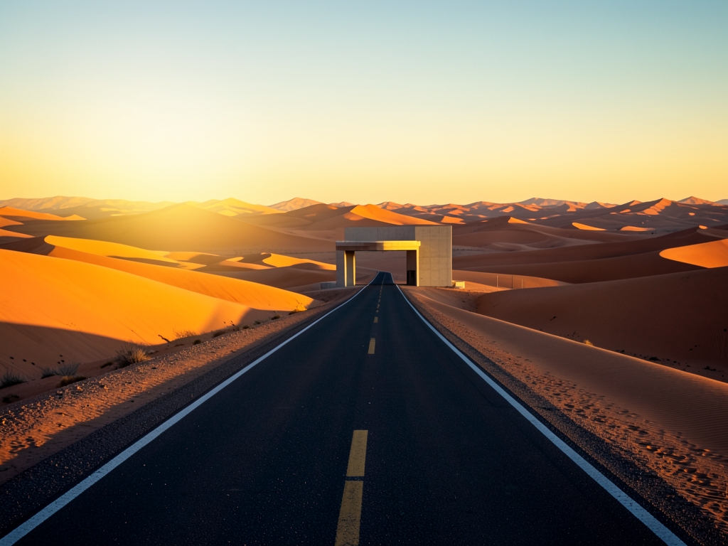 Wide desert landscape golden hour showing smooth paved
