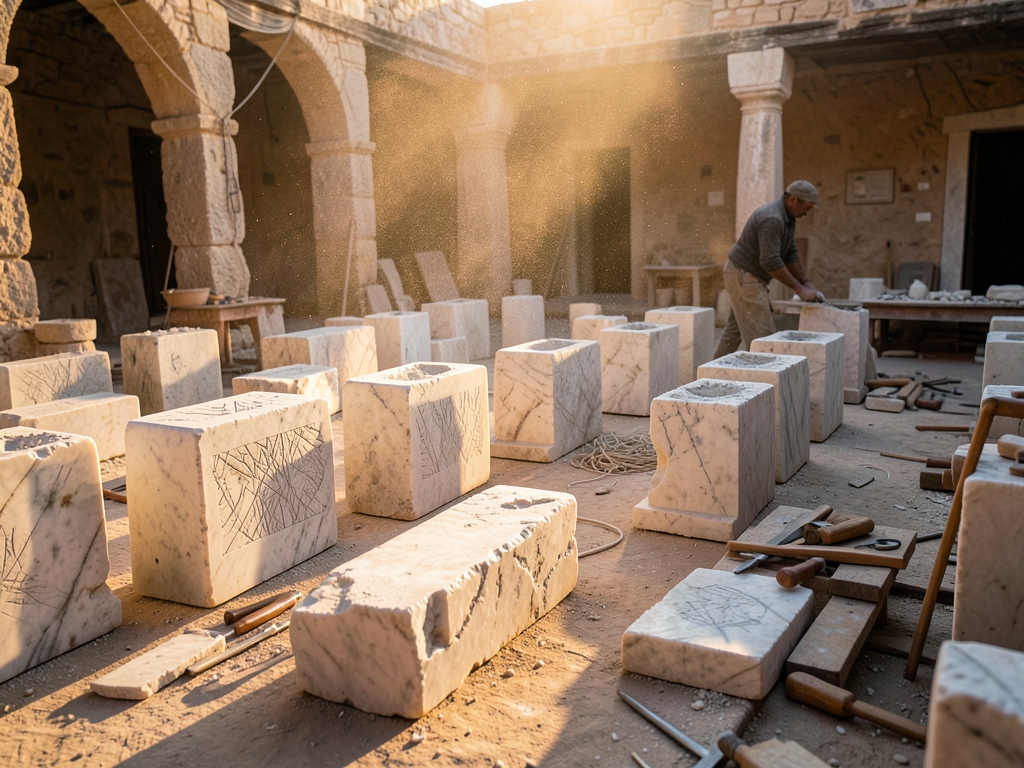 sunlit stonecarver s courtyard dawn fine dust drifting over