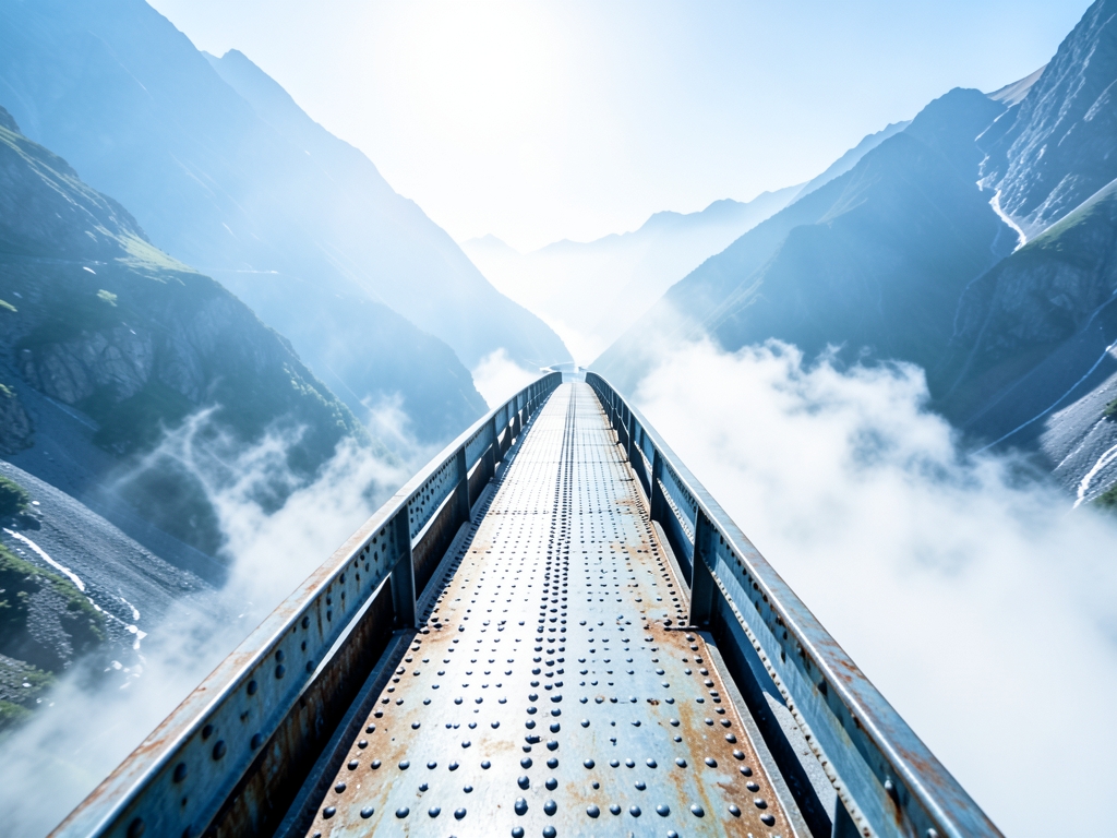 misty alpine pass midday single narrow footbridge riveted