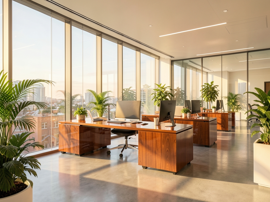 Bright modern finance office sunrise with soft daylight
