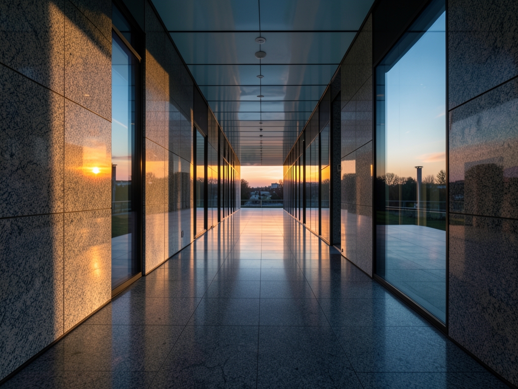 Minimalist corporate corridor dusk with warm glowing light